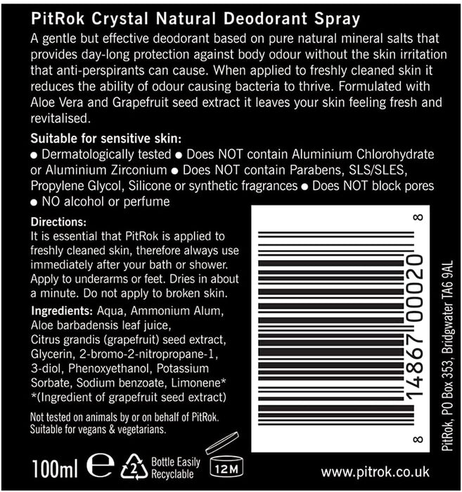 PitRok Crystal Sensitive Fragrance Free Natural Deodorant Spray 100ml PitRok